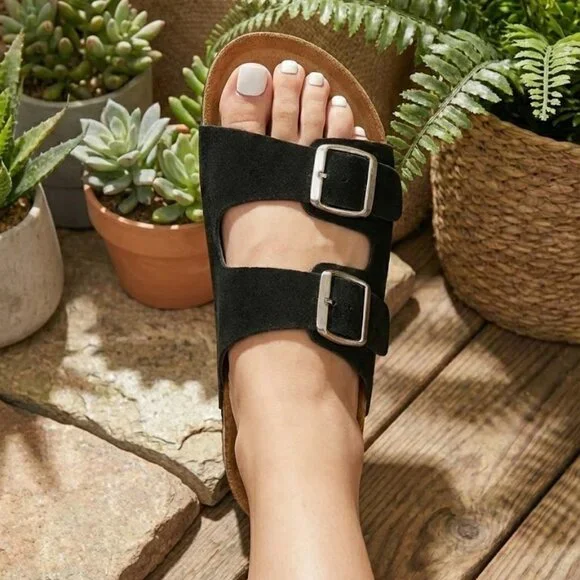 NWT Wild Diva Black Faux Suede Double Buckle Cork Slide Sandals Boho Comfort - Picture 5 of 7